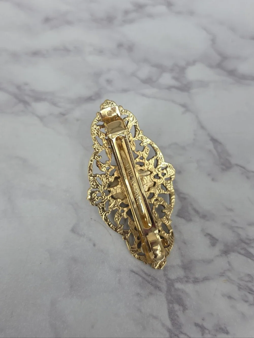 Vintage French Hair Barrettes Gold-Tone Vintage Floral Filigree Pearl Accent